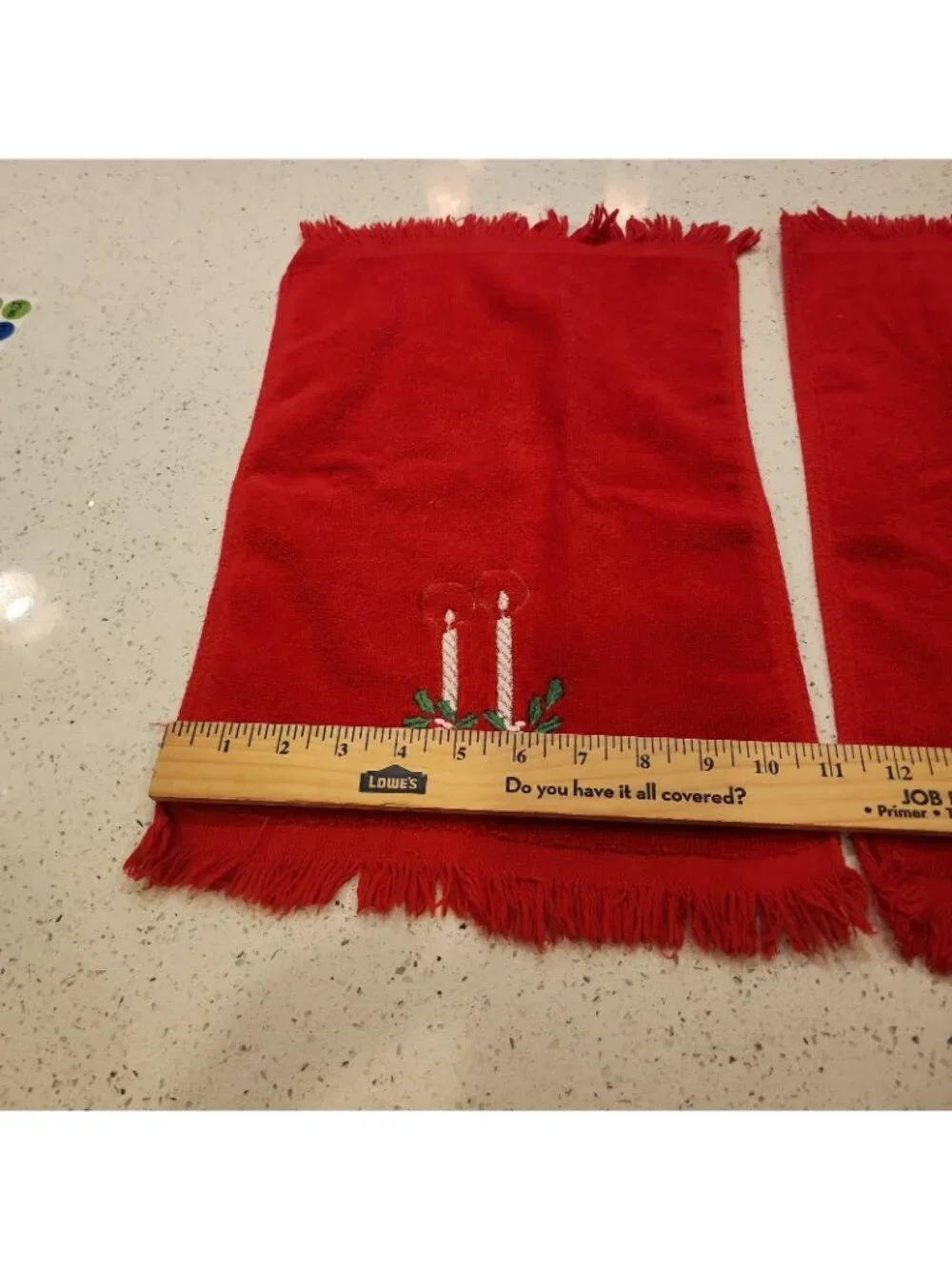 Two Vintage Cannon USA Embroidered Christmas Hand Towels Cotton Terry Fringe Red